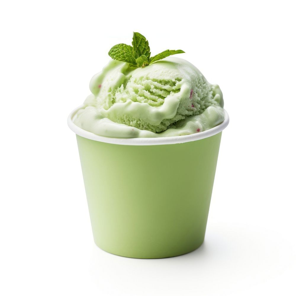 A green tea ice cream in white paper cup dessert plant herbs.