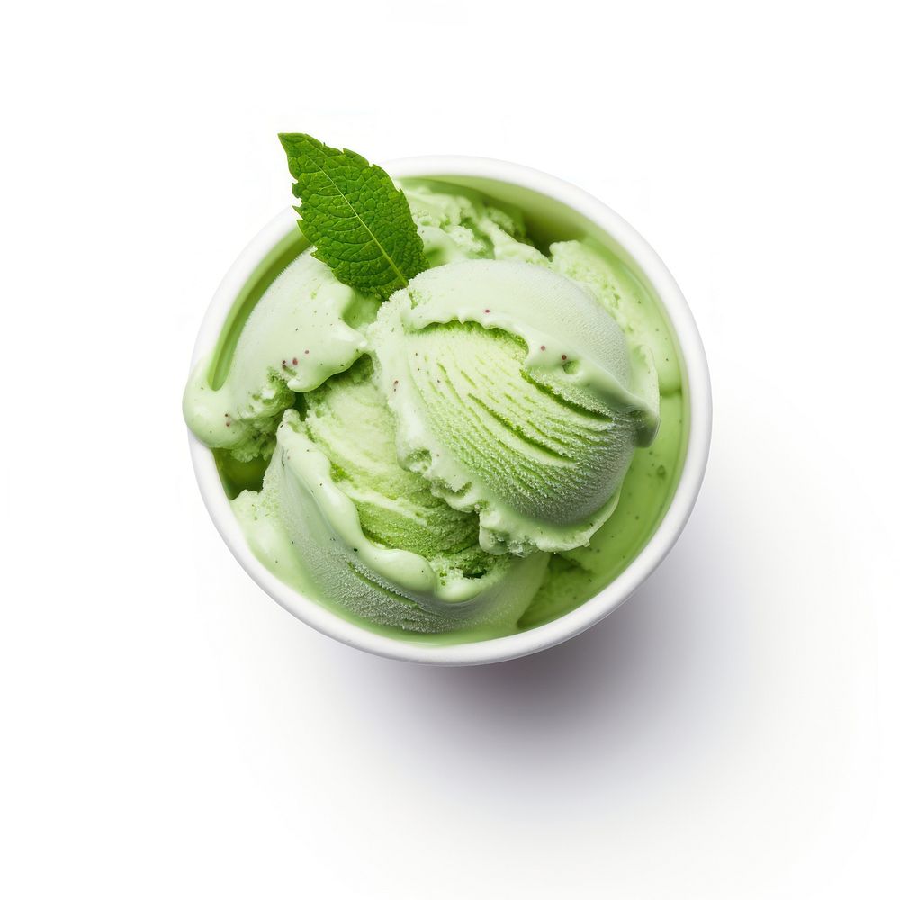 A green tea ice cream in white paper cup dessert herbs food.