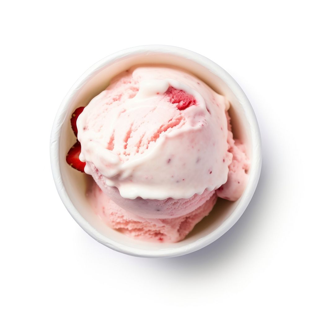 A stawberry ice cream in white paper cup dessert food white background.