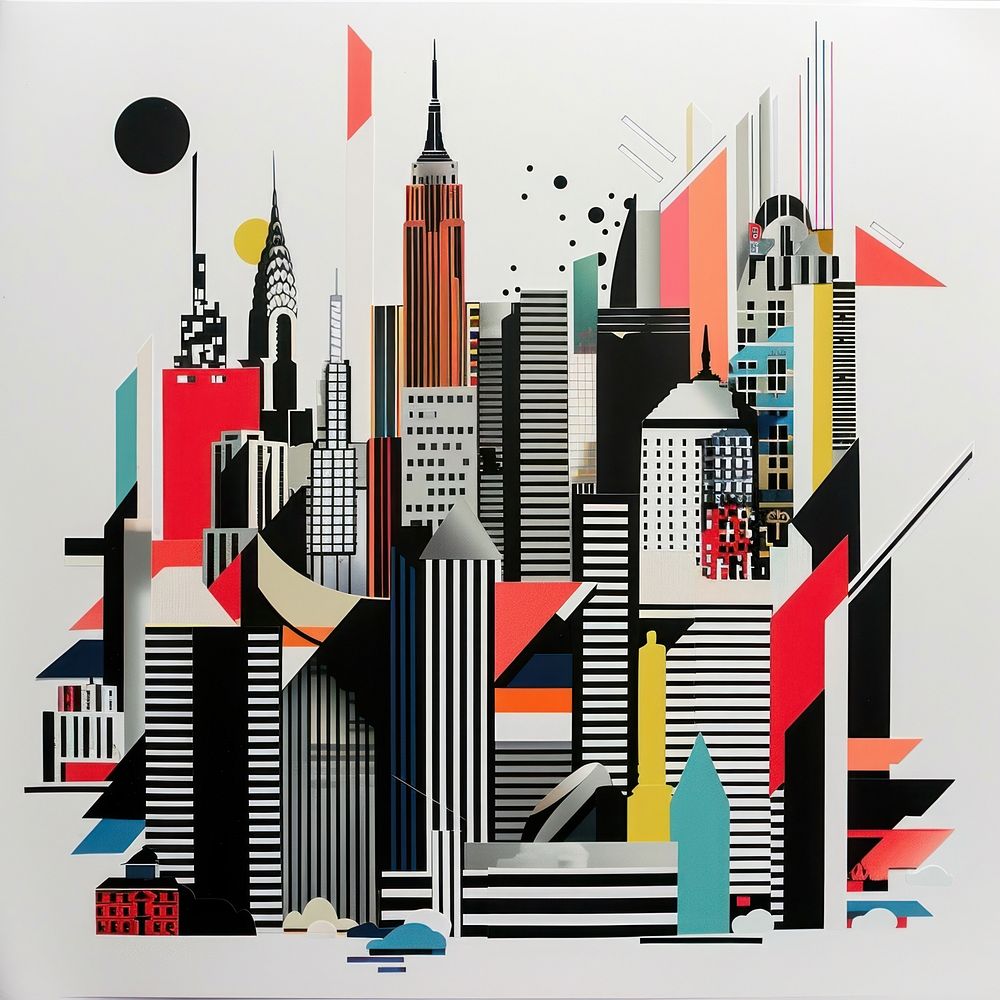 Cut paper collage with new york city illustrated painting graphics.