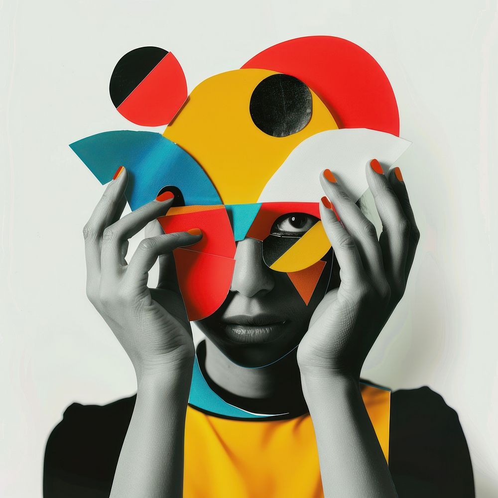 Cut paper collage with person hands over eyes photography portrait human.