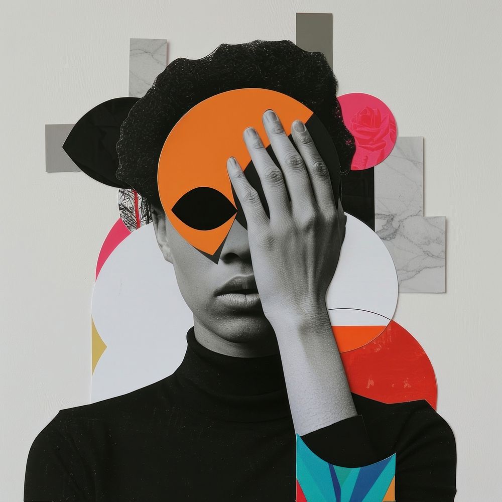 Cut paper collage with person hands over eyes photography portrait clothing.