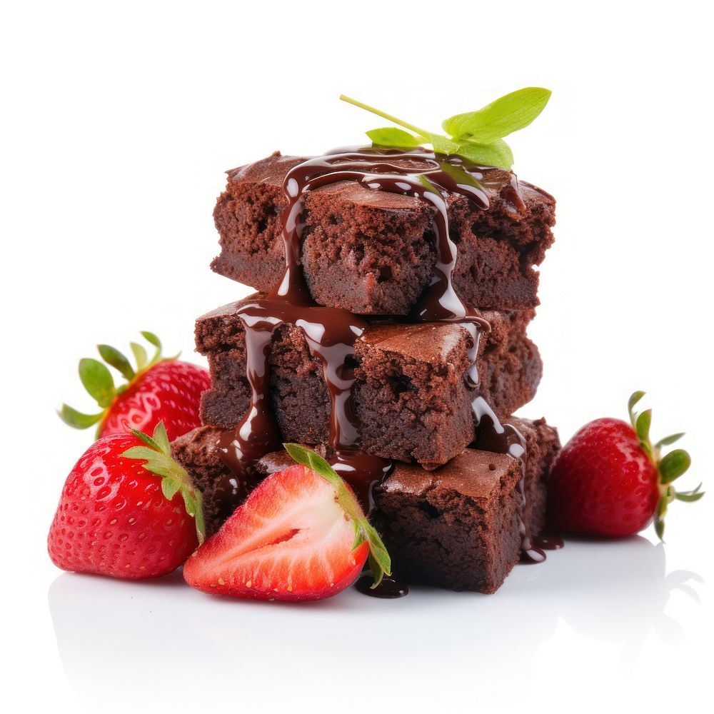 Pieces of fresh stawberry brownie chocolate dessert fruit.
