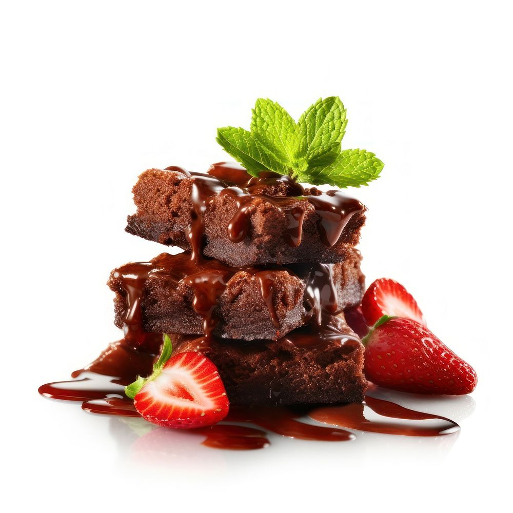 Pieces of fresh stawberry brownie chocolate dessert fruit.