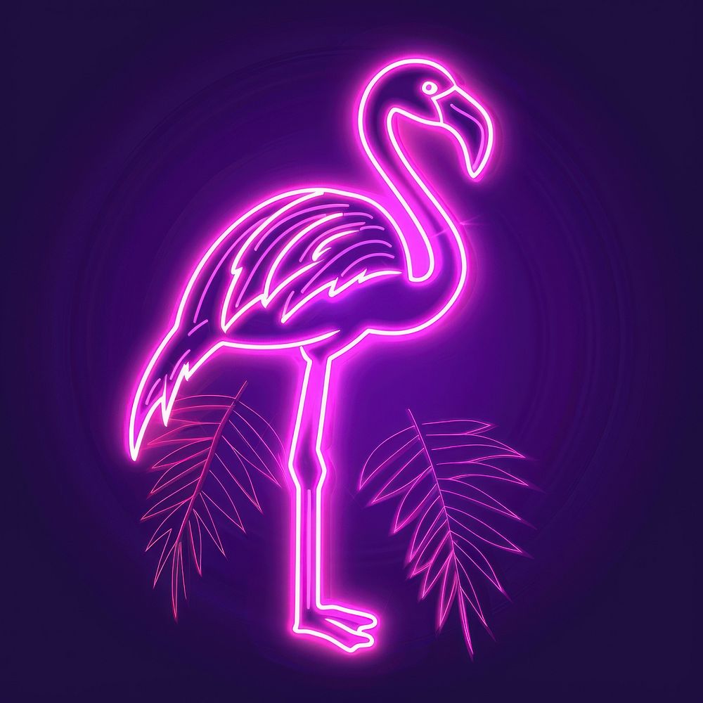 Flamingo beach with palm leaves icon neon astronomy outdoors.