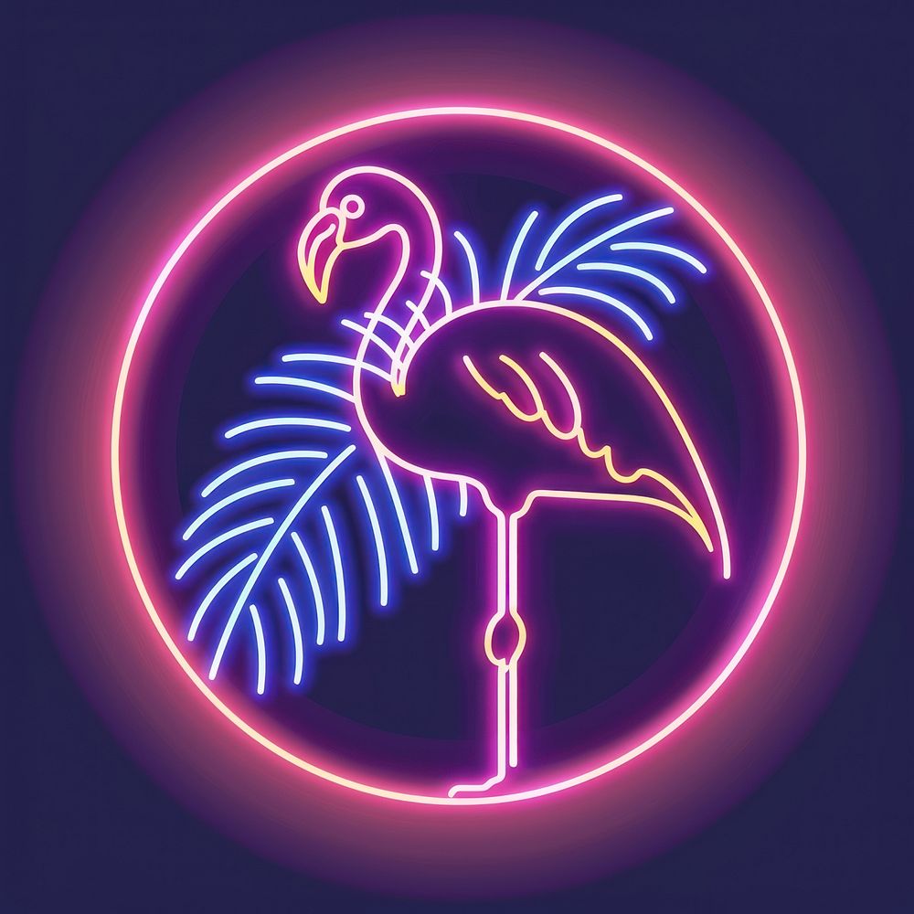 Flamingo beach with palm leaves icon neon animal light.