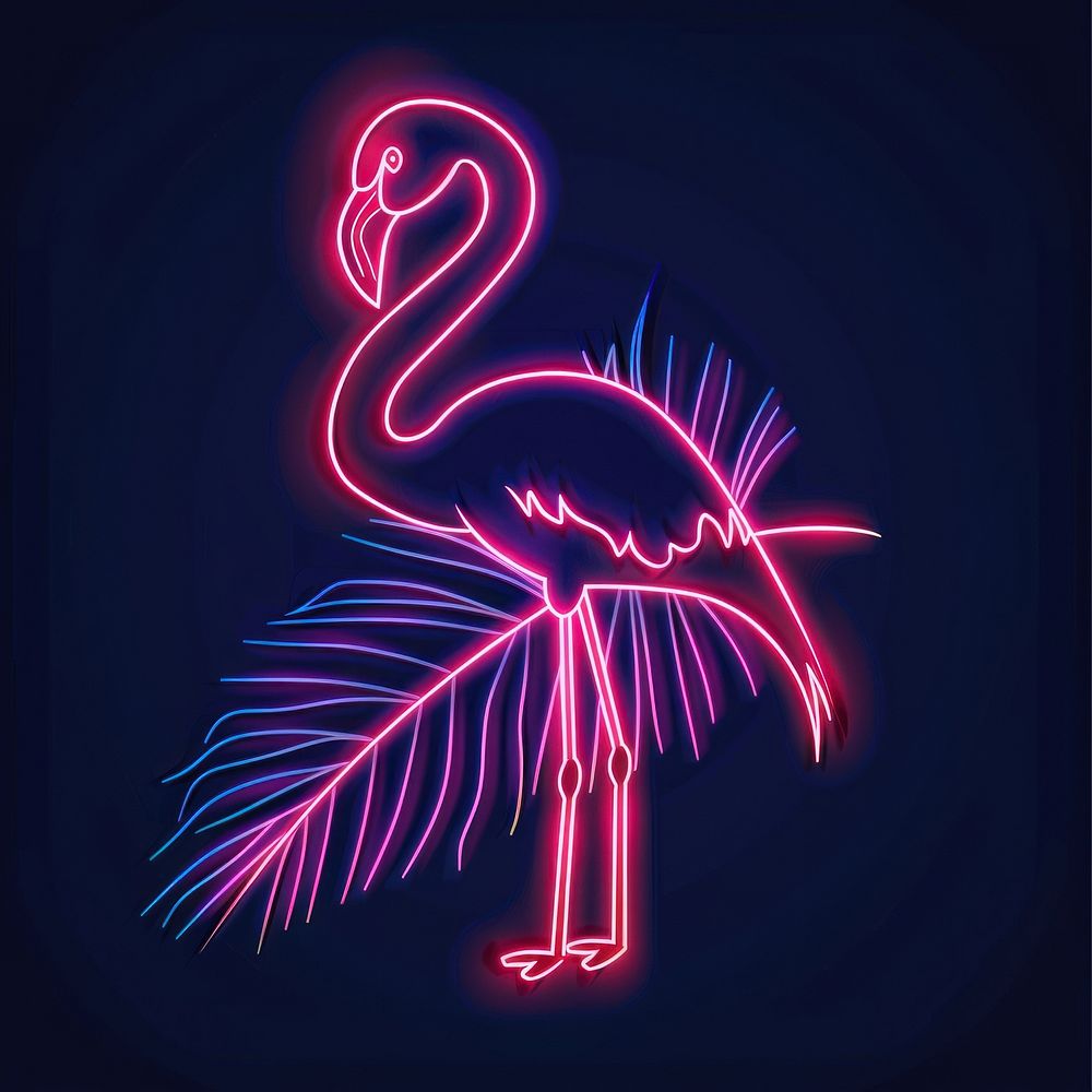 Flamingo with palm leaves icon neon chandelier fireworks.