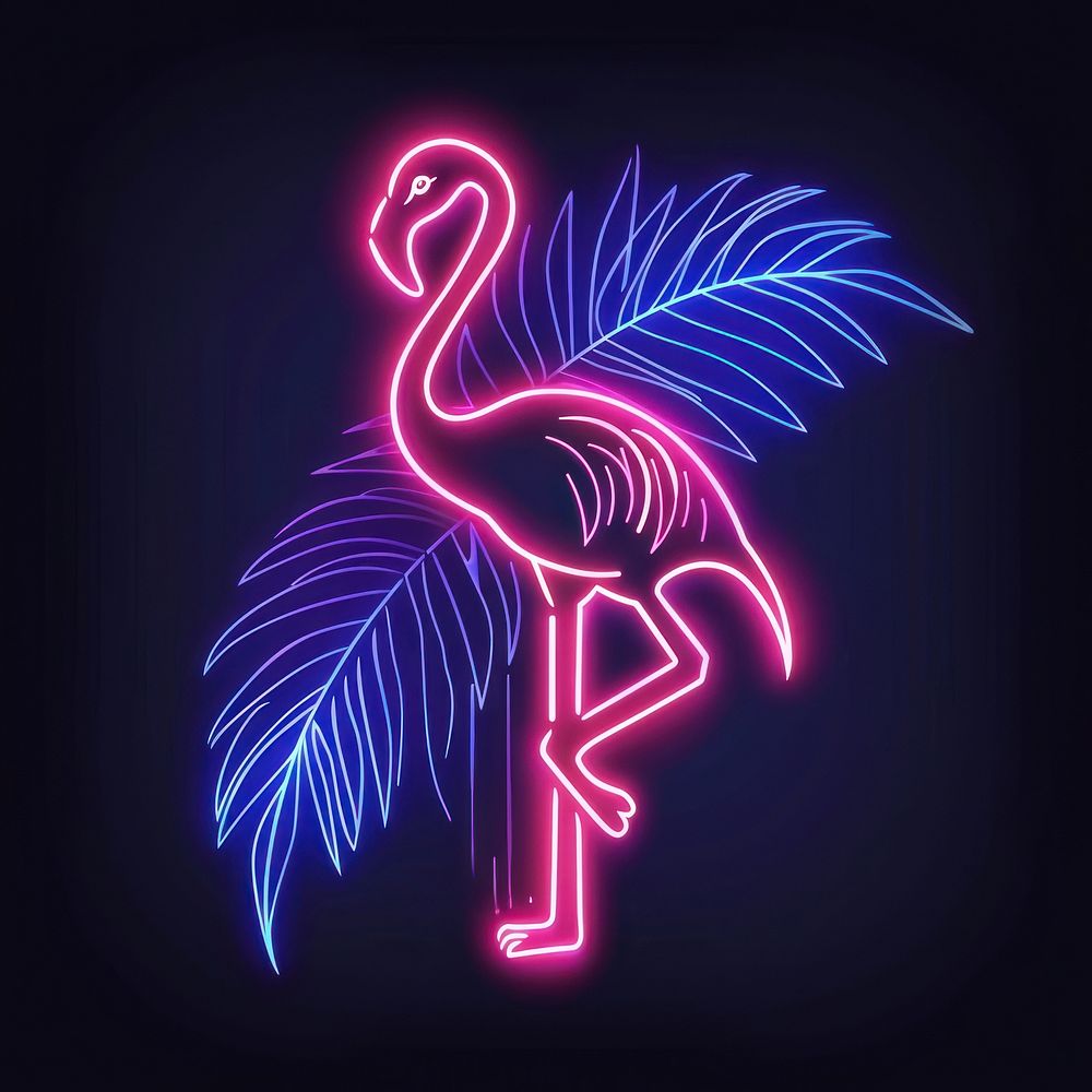 Flamingo with palm leaves icon neon astronomy outdoors.