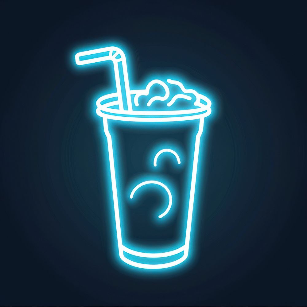 Frothy drink icon blue neon light.