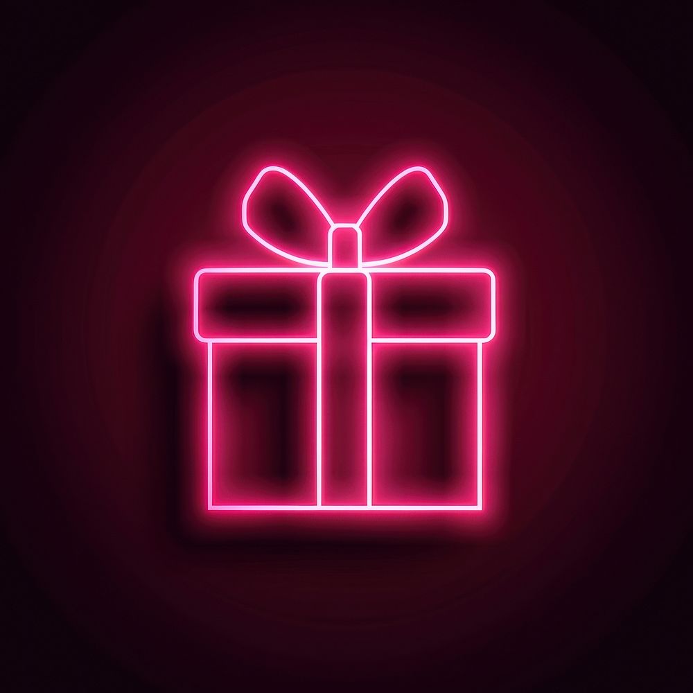 Gift box icon neon light disk.