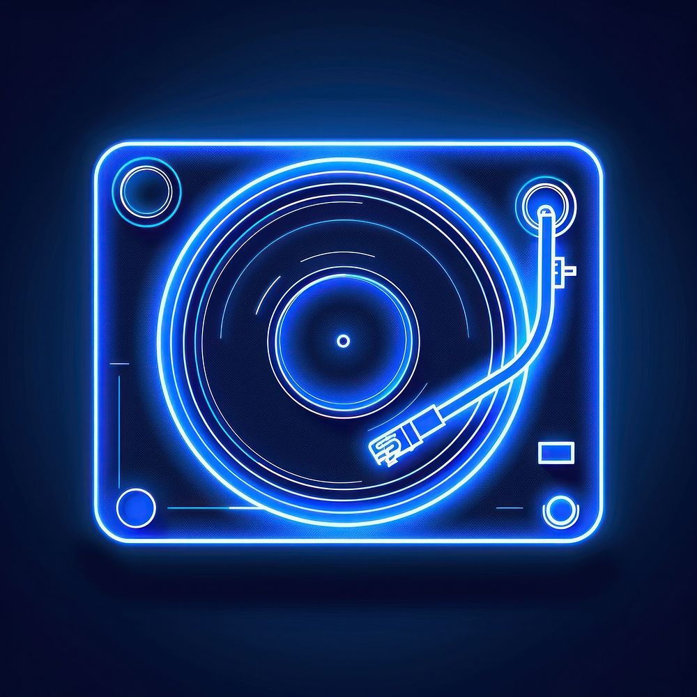 Record player icon blue neon light.