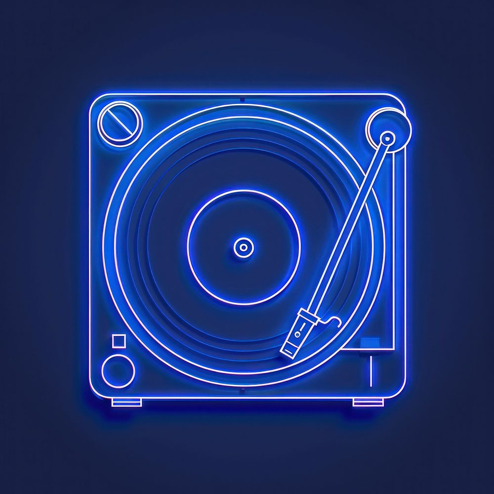Record player icon blue neon light.