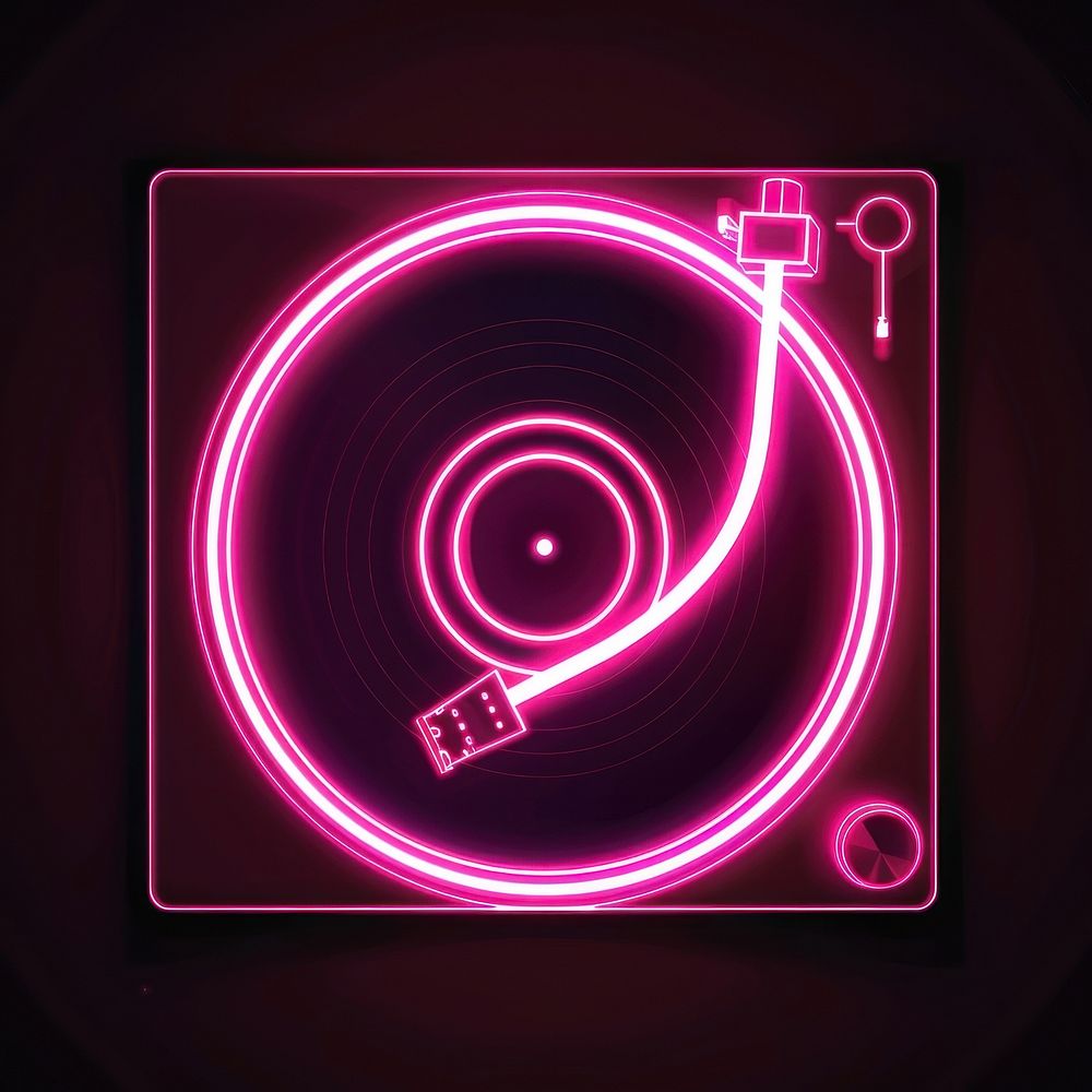 Record player icon pink neon light.