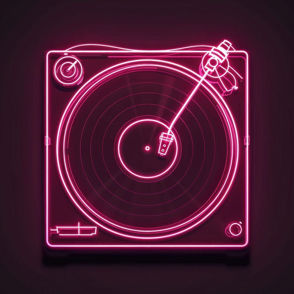 Record player icon pink neon light.