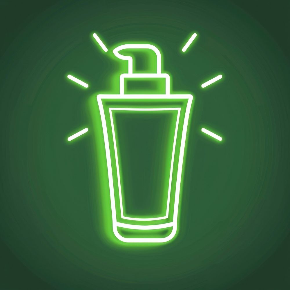 Sun cream icon green neon bottle.