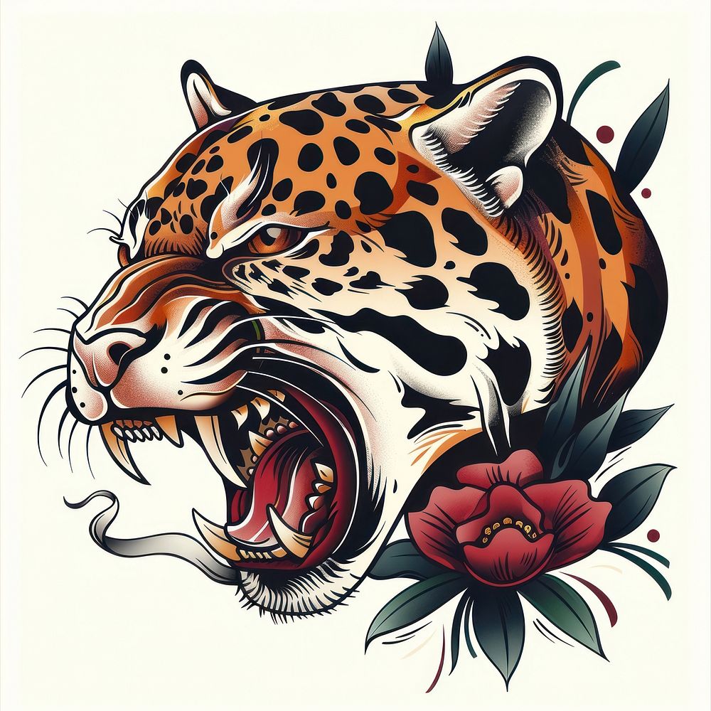 Traditional tattoo illustration of a jaguar illustrated wildlife panther.