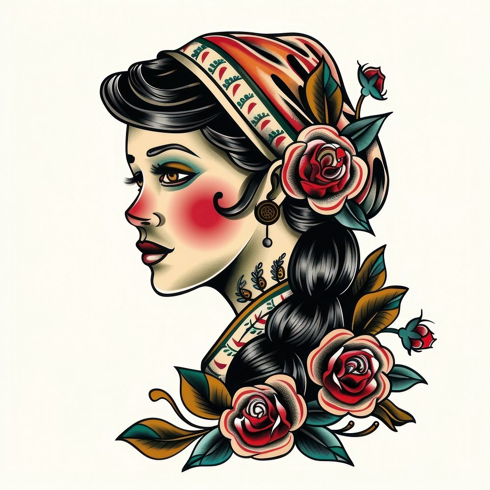 Traditional tattoo illustration of a women photography illustrated accessories.