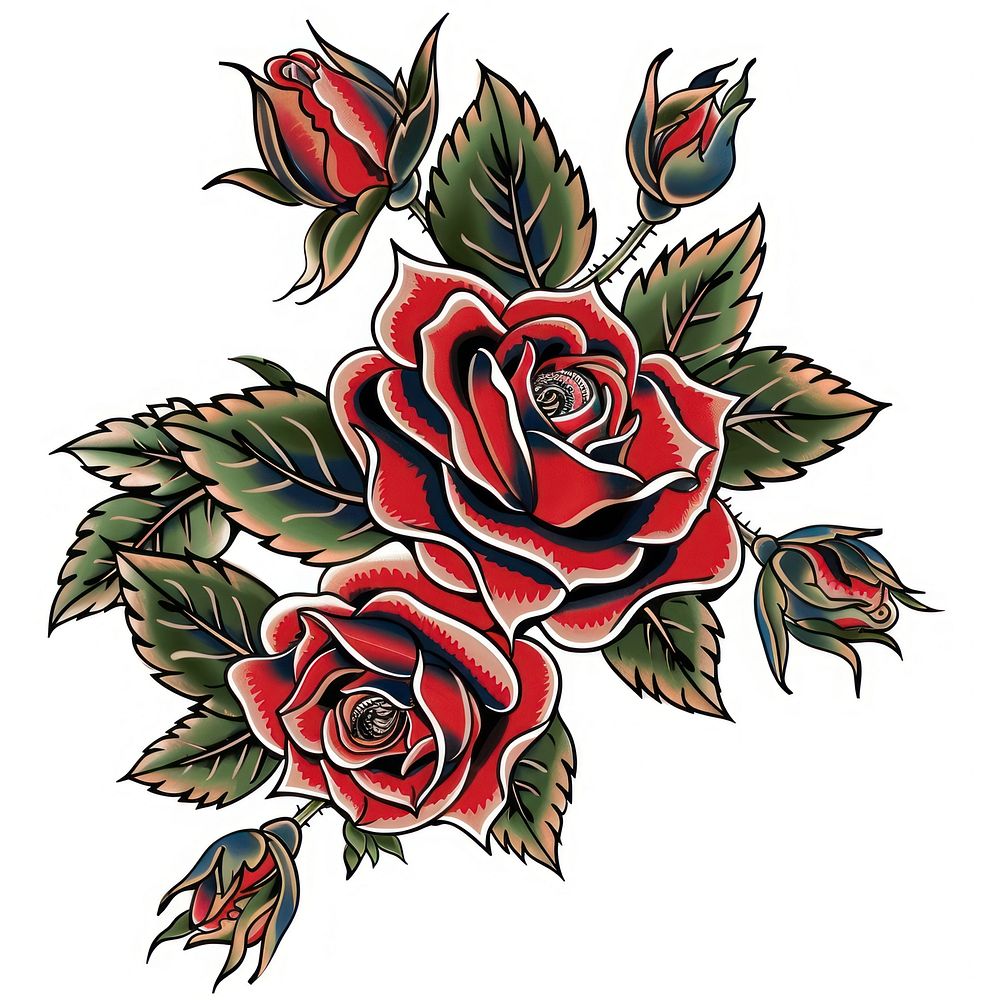 Roses in the style of traditional tattoo embroidery graphics pattern.