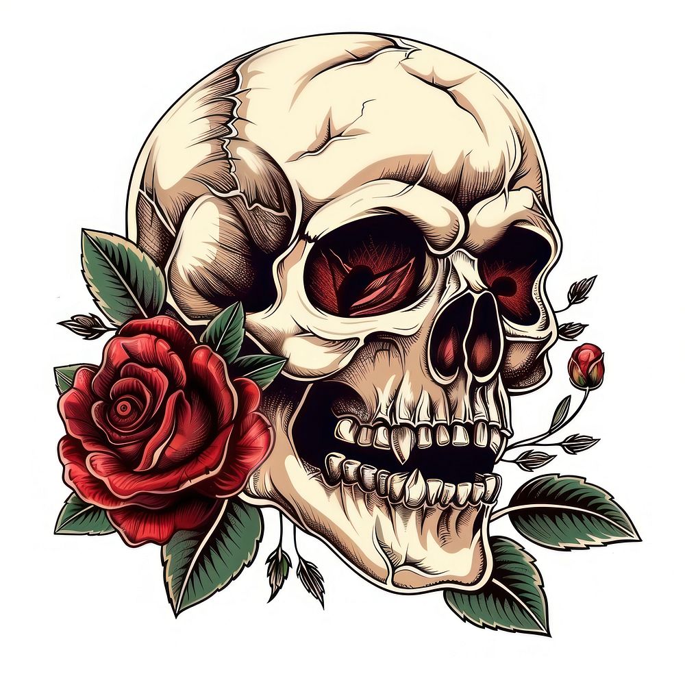 Skull in the style of traditional tattoo illustrated graphics blossom.