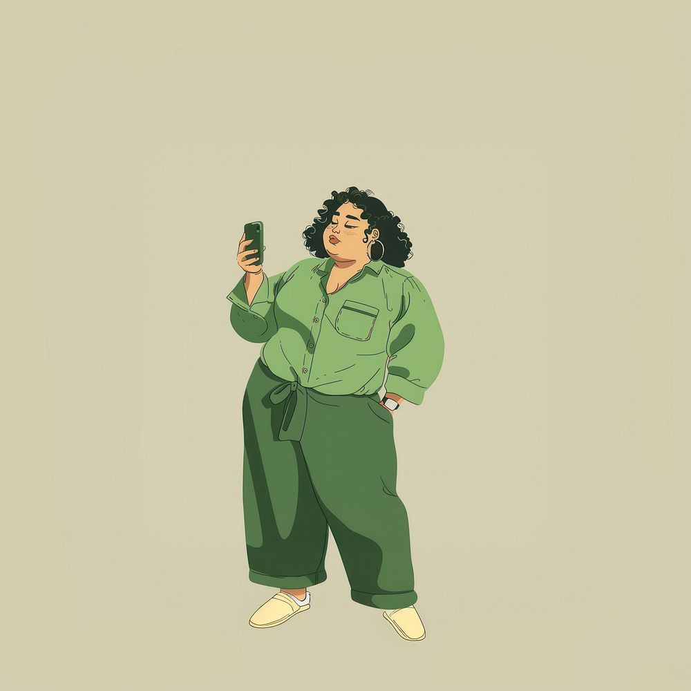 Holding up cellphone cartoon adult woman.