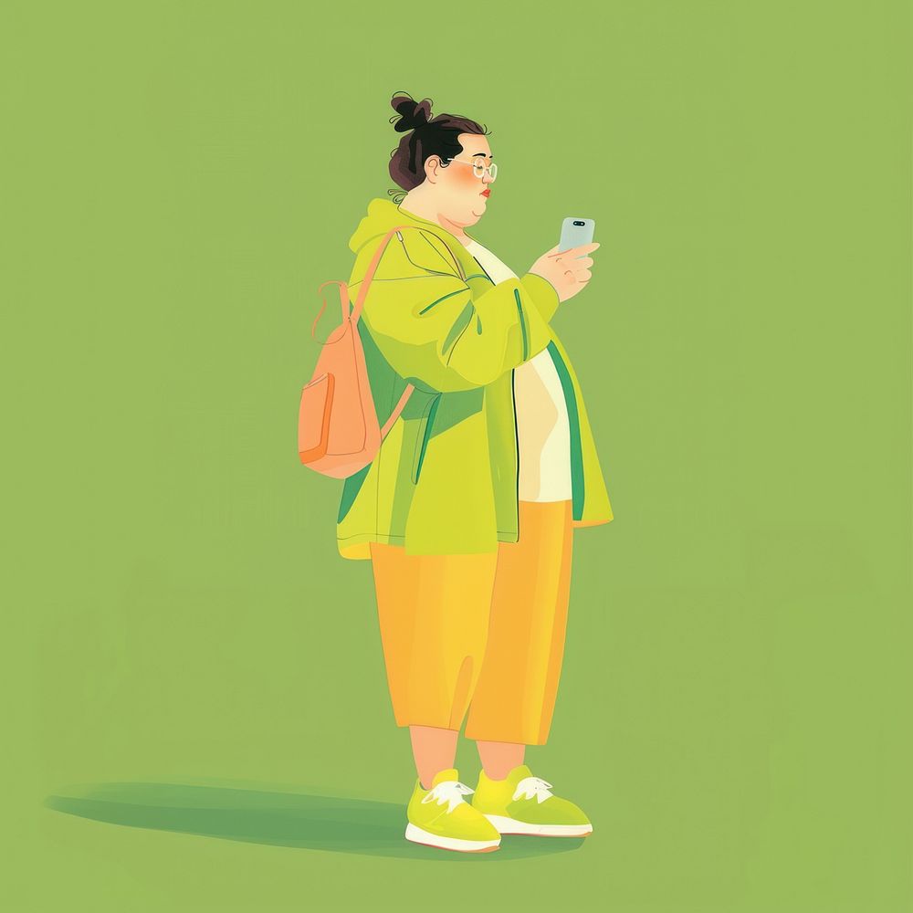 Holding up cellphone cartoon green fashion illustration.