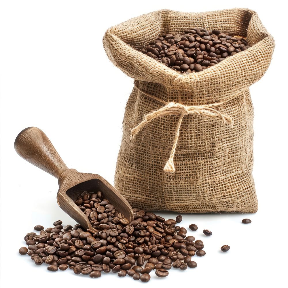 Jute sack with coffee beans bag white background ingredient.
