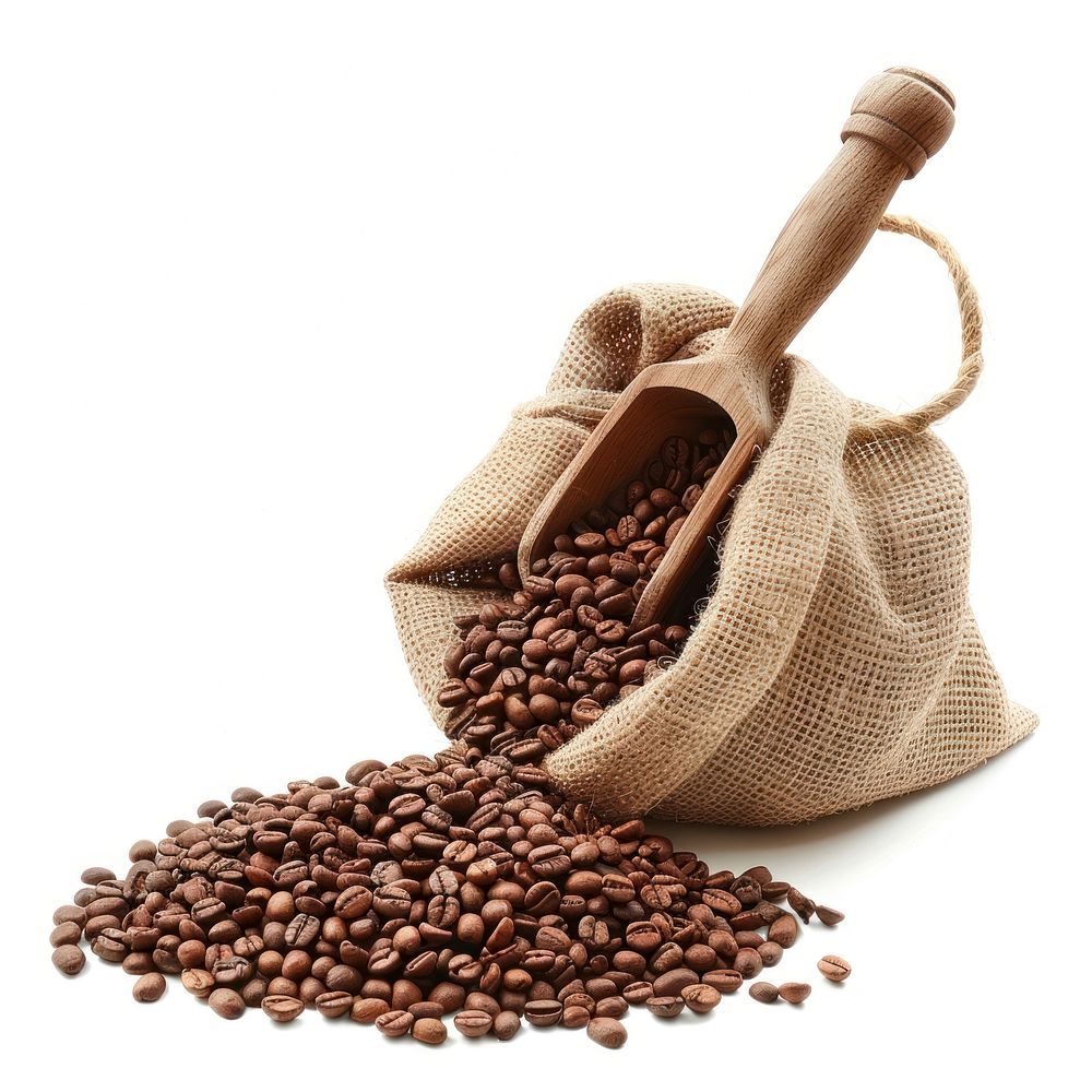 Jute sack with coffee beans bag white background ingredient.