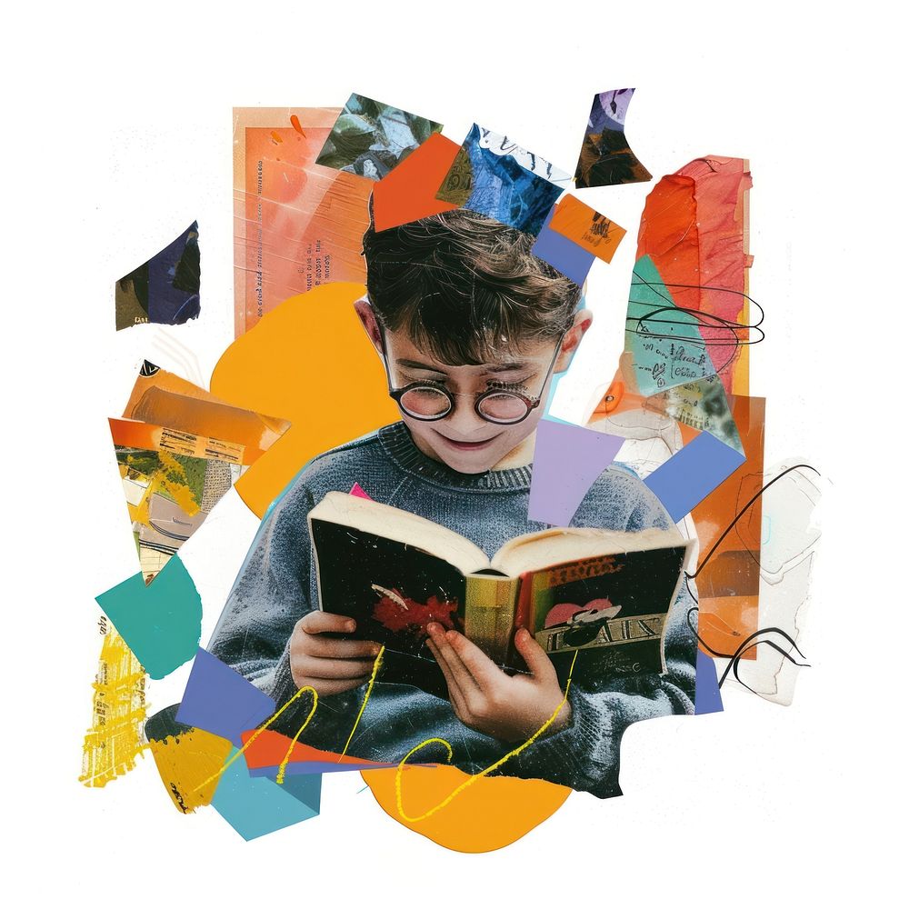 Paper collage of kid reading person human child.