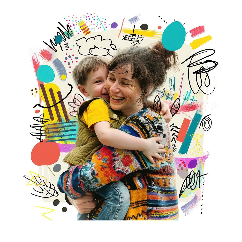 Paper collage of mom hug kid portrait photo photography.