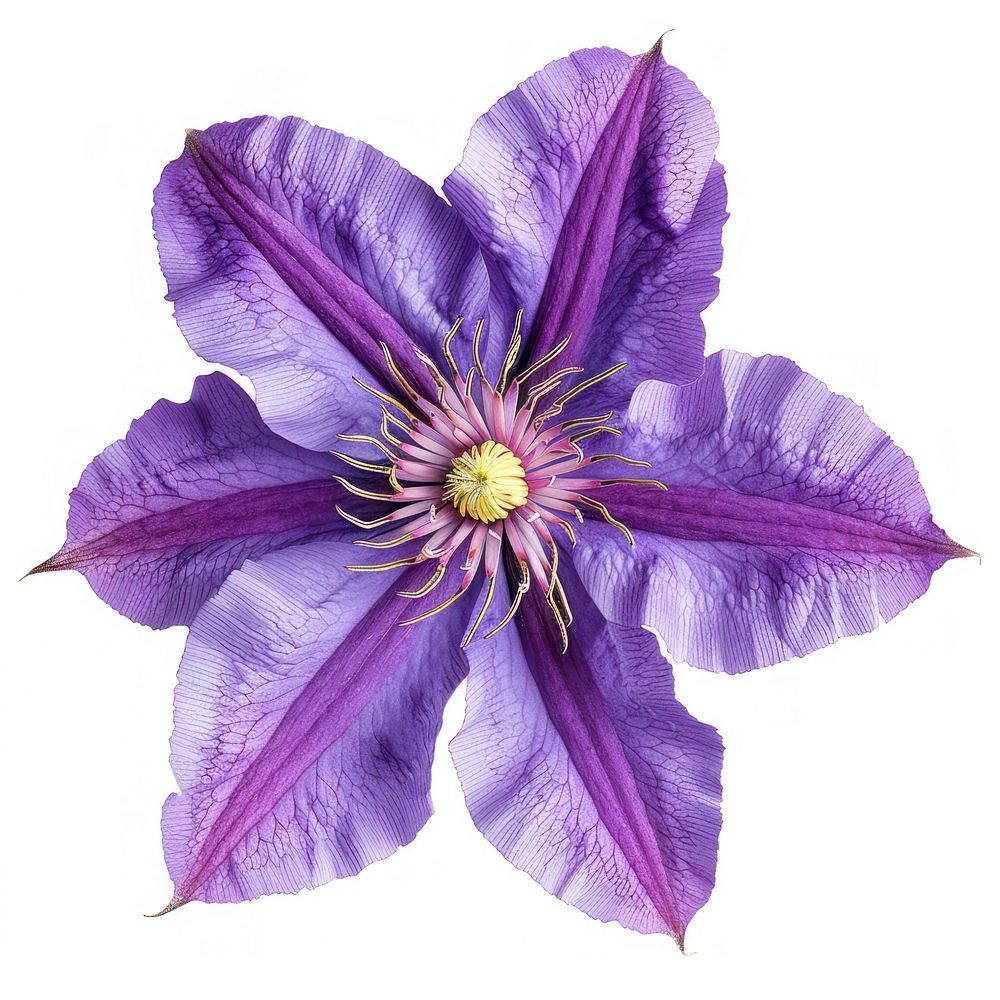 Purple Clematis flower petal plant white background.