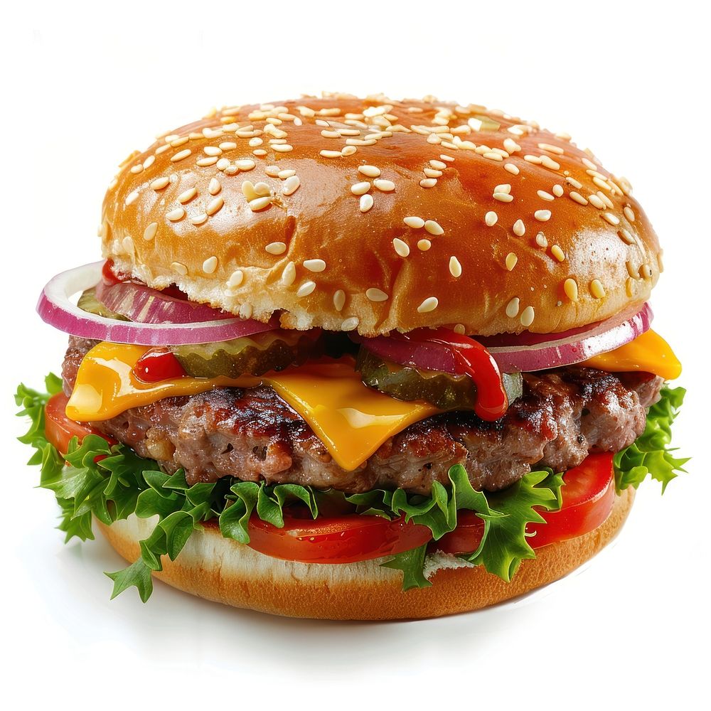 Meat and cheeseburger food white background hamburger.