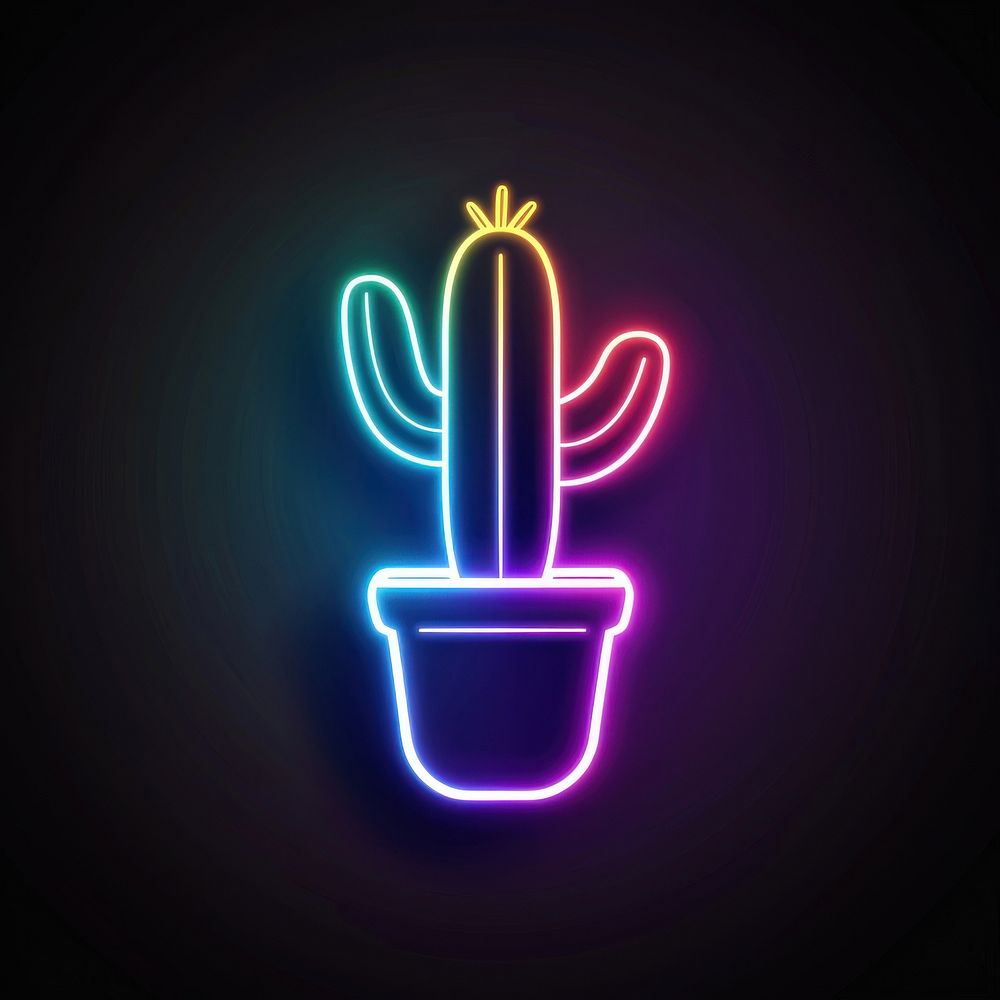 Cactus in plant pot neon lighting purple.