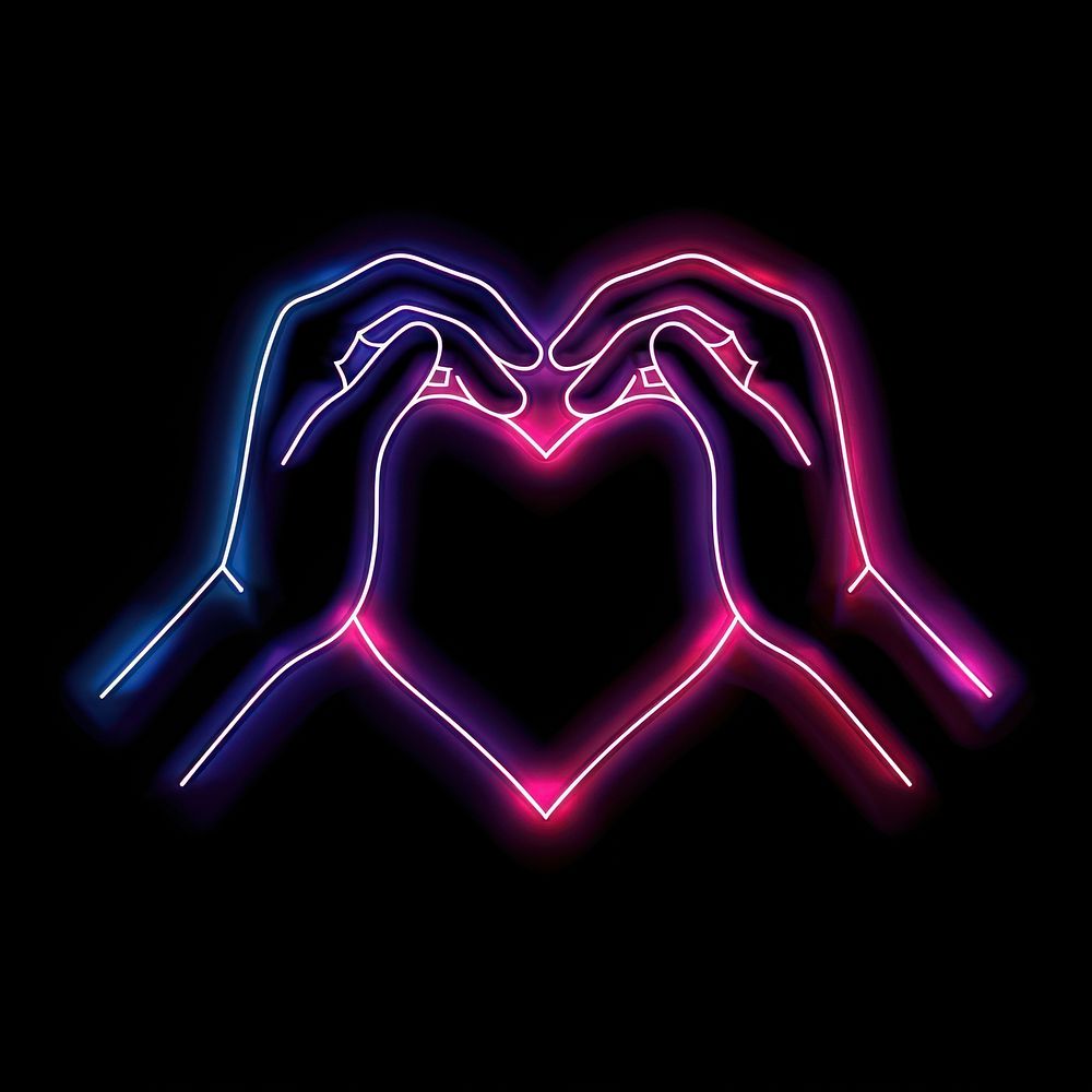 Hands making heart shape neon chandelier purple.