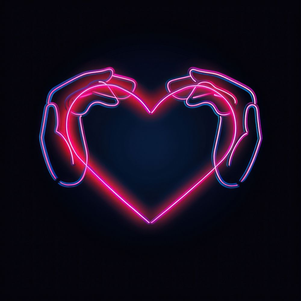 Hands making heart shape neon lighting purple.