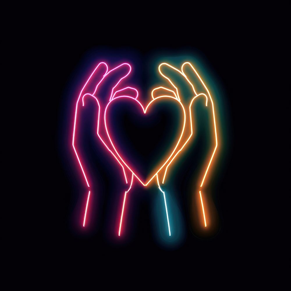 Heart-shaped hands neon astronomy outdoors.