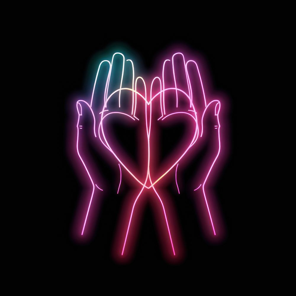 Heart-shaped hands neon purple light.