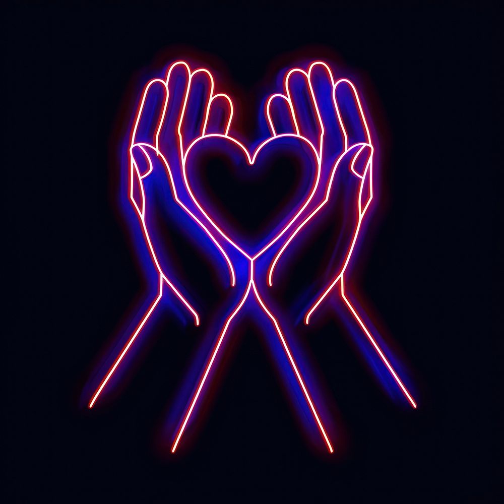 Heart-shaped hands neon bonfire purple.