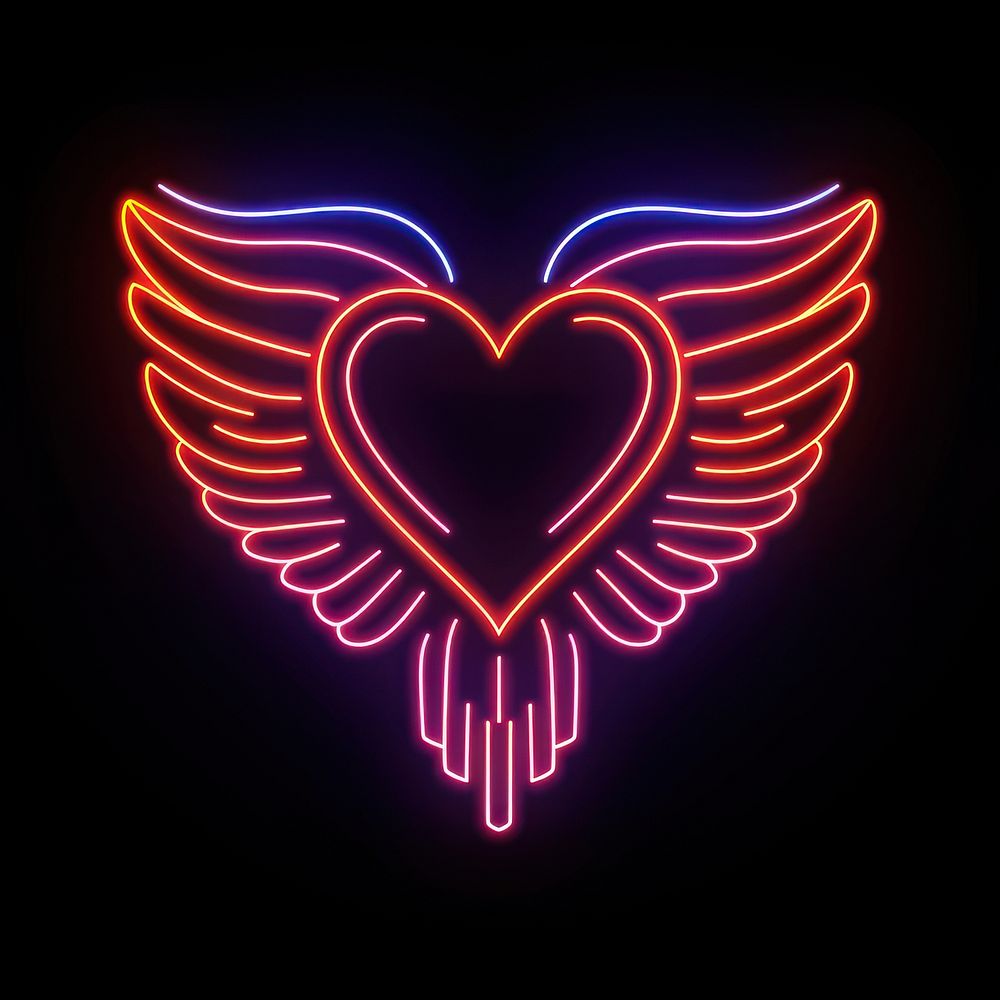 Heart with angel wings neon astronomy outdoors.