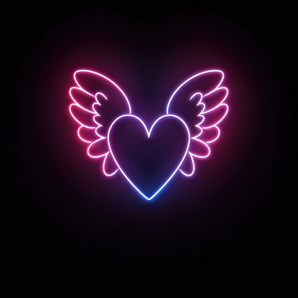 Heart with angel wings neon astronomy outdoors.