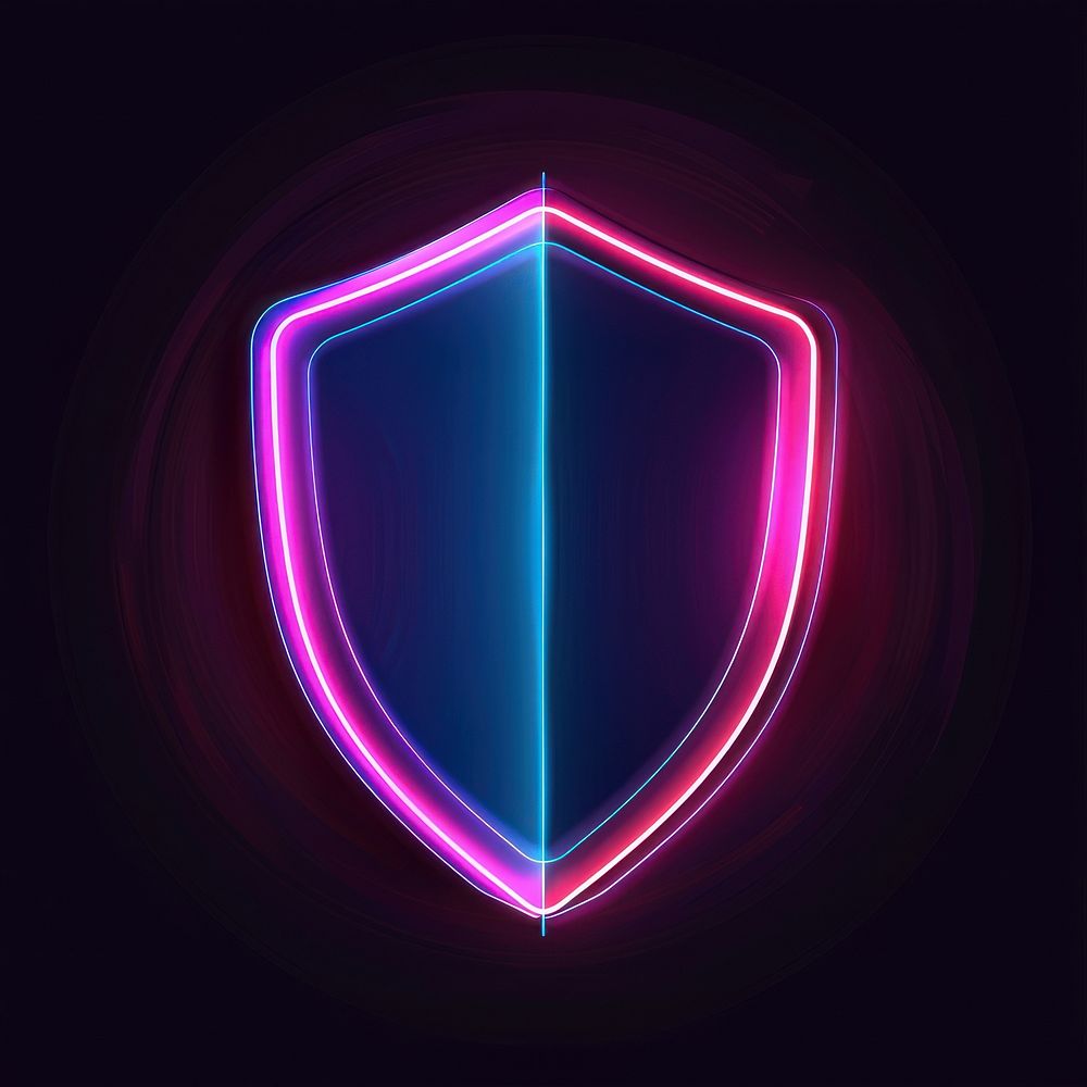 Shield cyber security icon neon purple light.