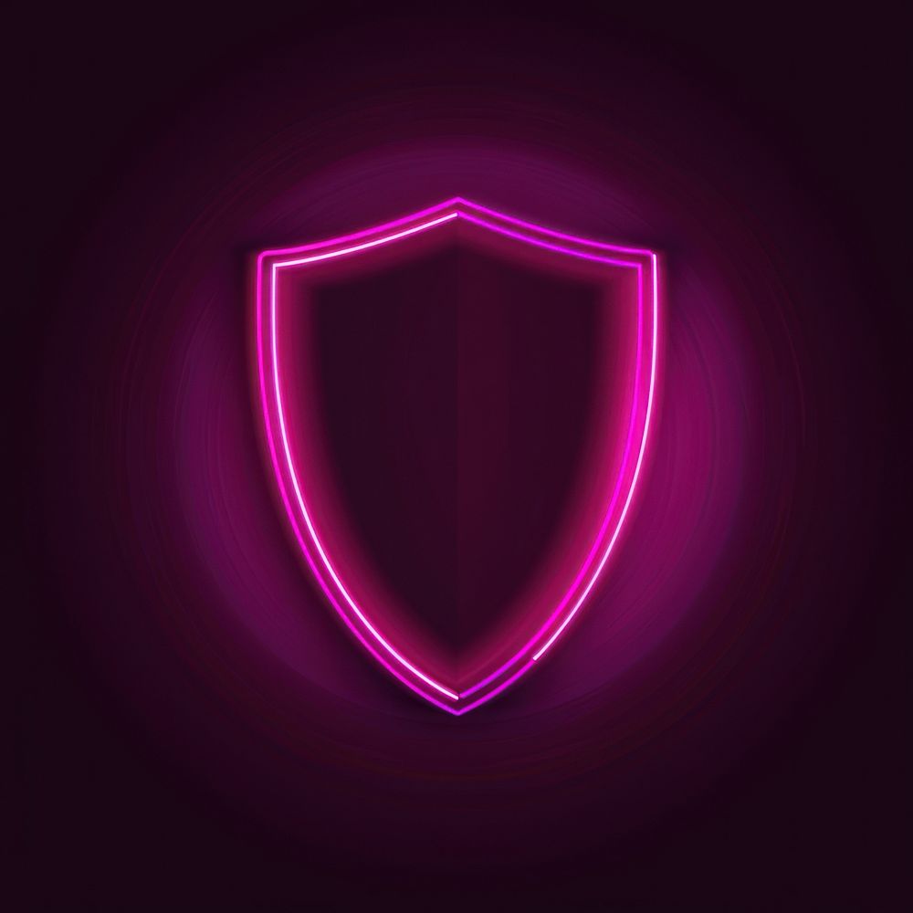 Shield cyber security icon neon purple light.