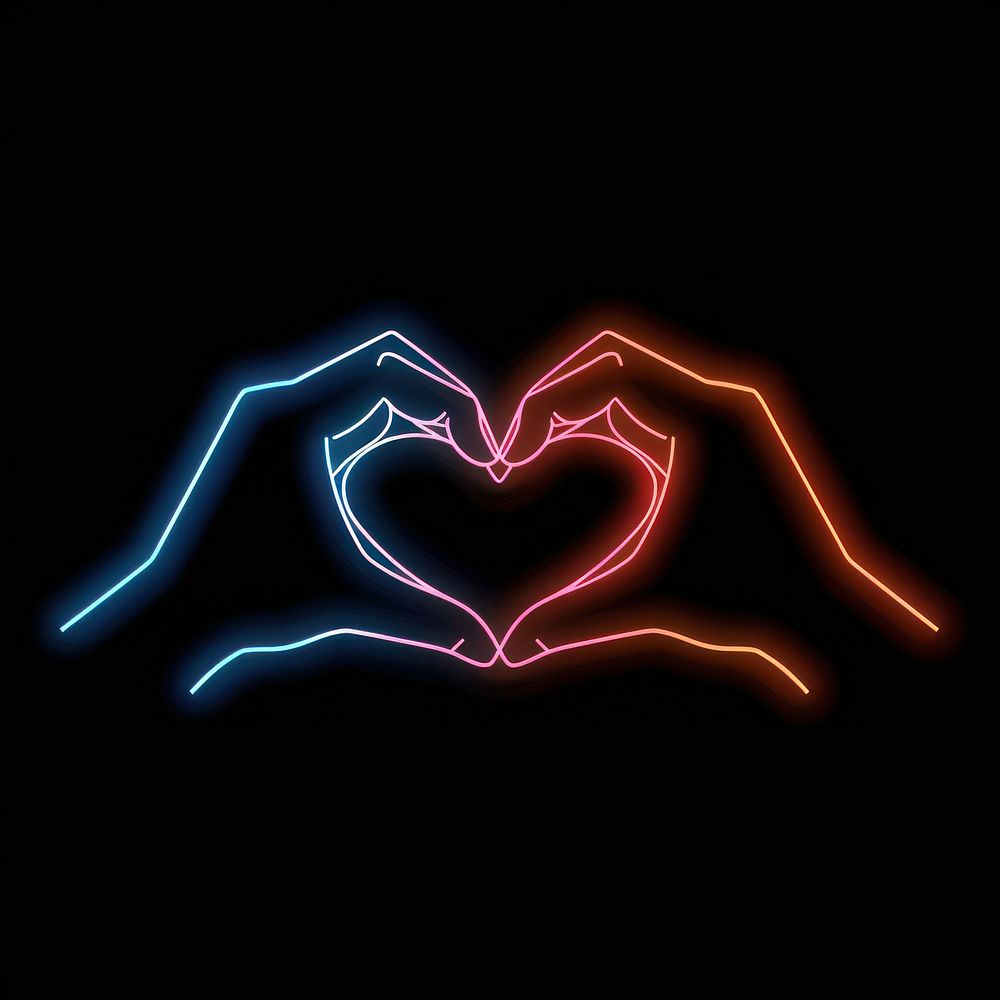 Two hand making heart shape neon light.