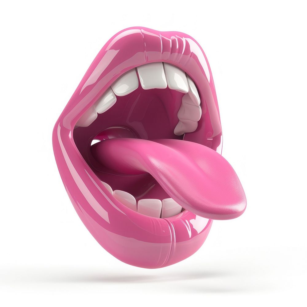 Pink mouth tongue teeth white background.