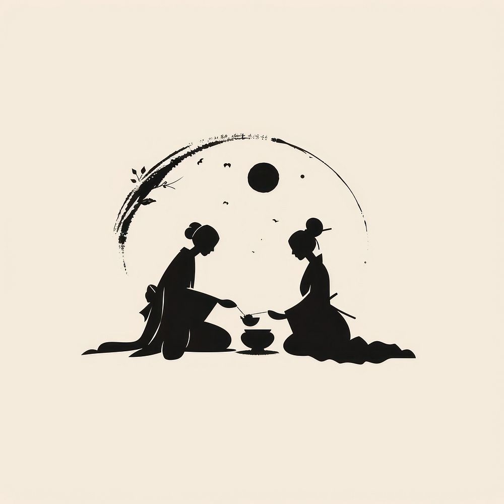 Black minimalist asian people logo design silhouette drawing togetherness.
