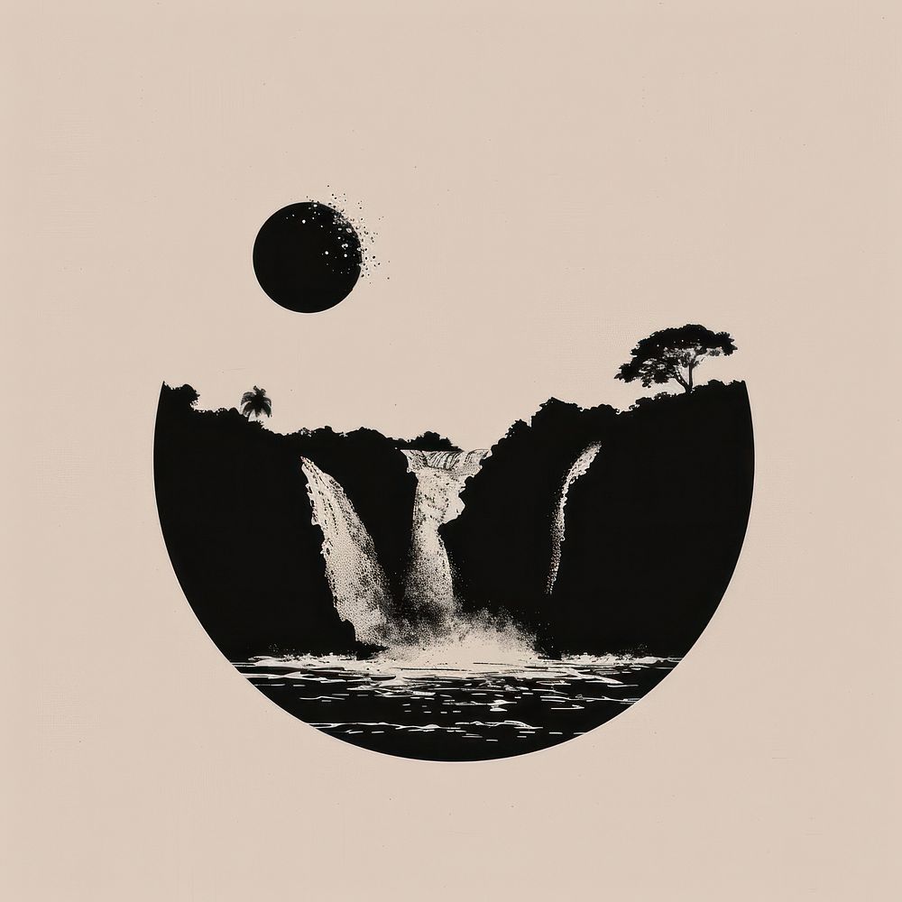 Black minimalist iguazu falls logo design drawing nature moon.