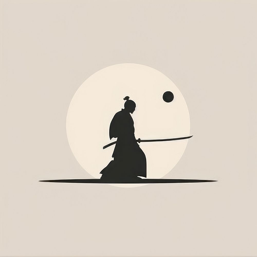 Black minimalist samurai logo design silhouette drawing weaponry.