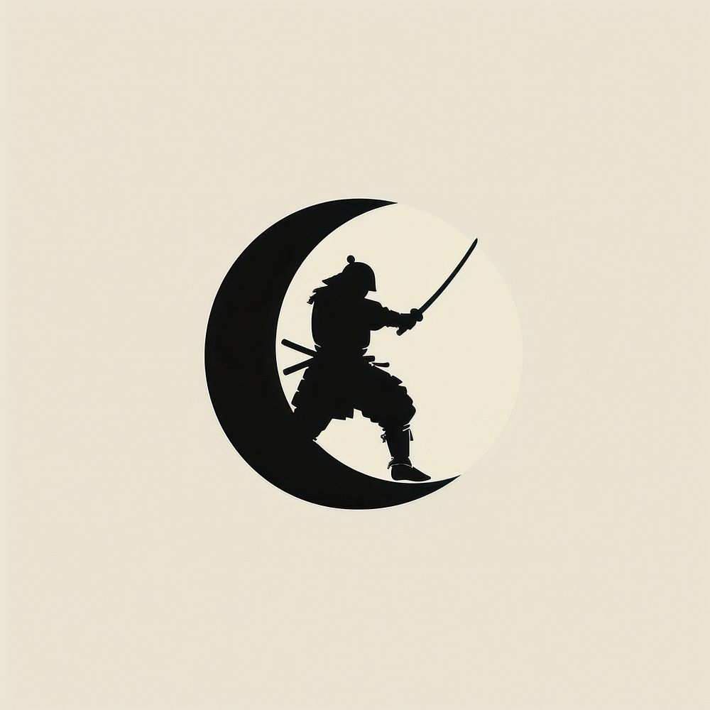 Black minimalist samurai logo design silhouette crescent weaponry.