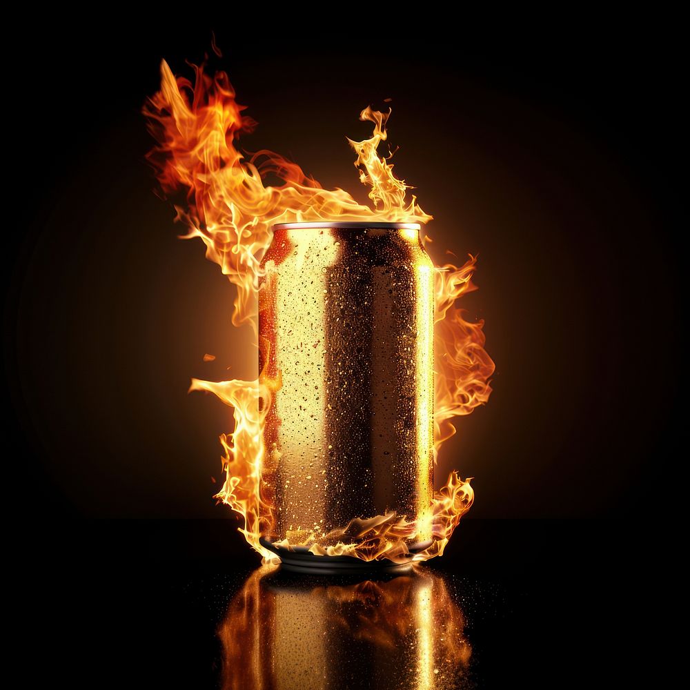 A beer can flame fire beverage.