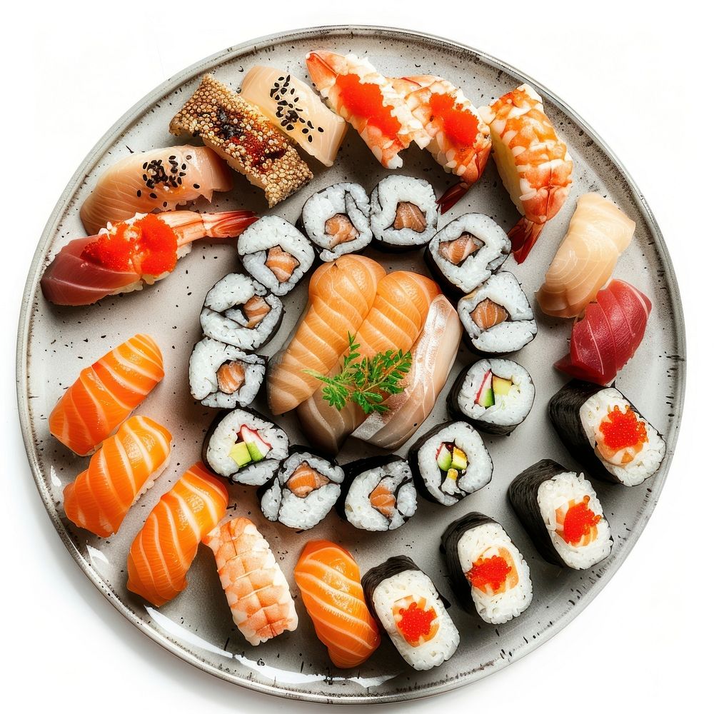 Sushi on plate produce platter seafood.