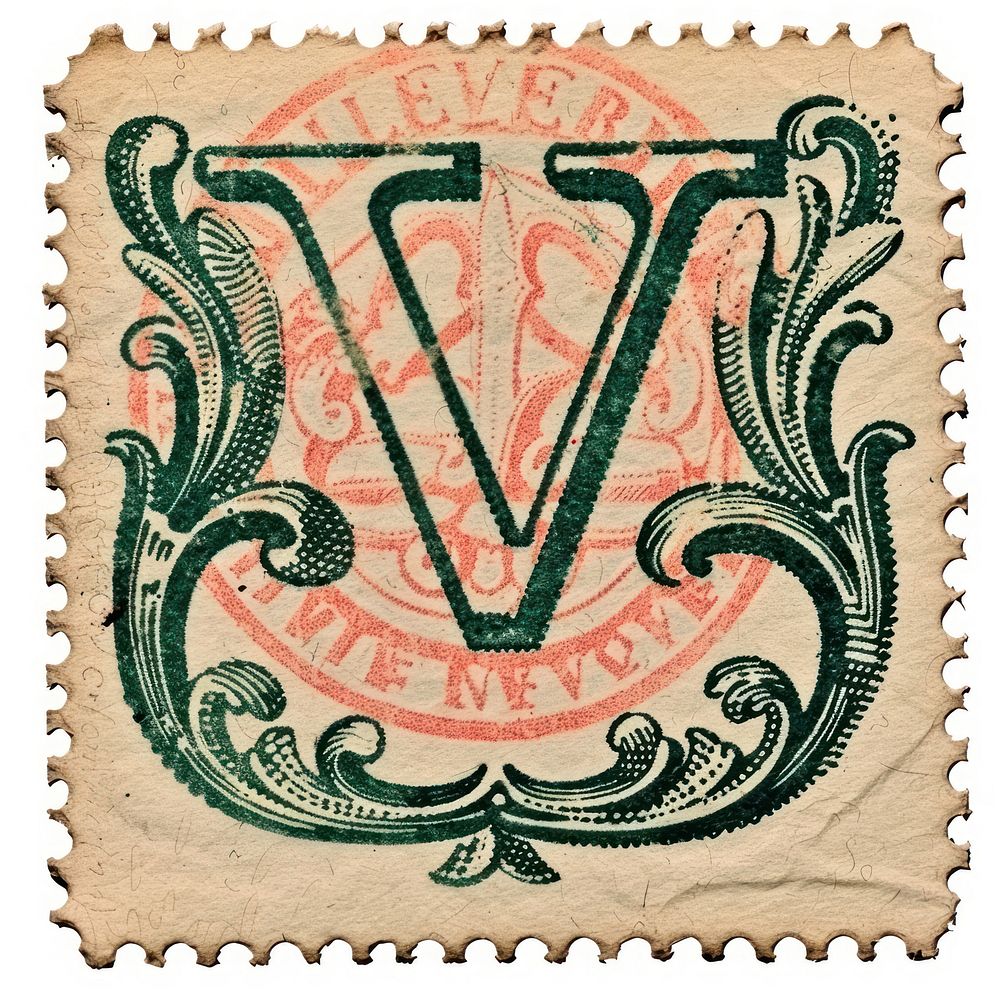 Stamp with alphabet V pattern paper font.
